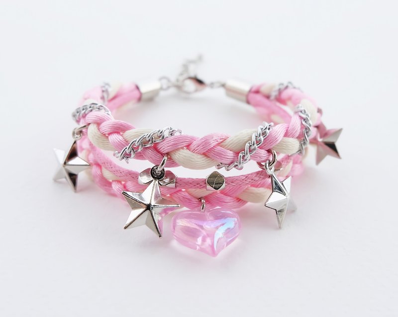 Pink white triple layers braided bracelet with heart and star charms - สร้อยข้อมือ - วัสดุอื่นๆ สึชมพู