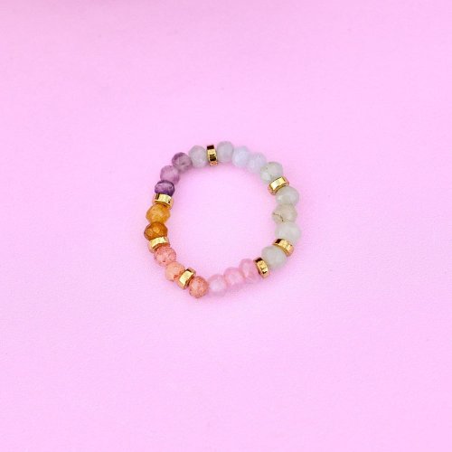 Pura Vida 臺灣總代理 Pura Vida 美國手工 OMBRE RAINBOW 漸層彩虹石金色彈性戒指