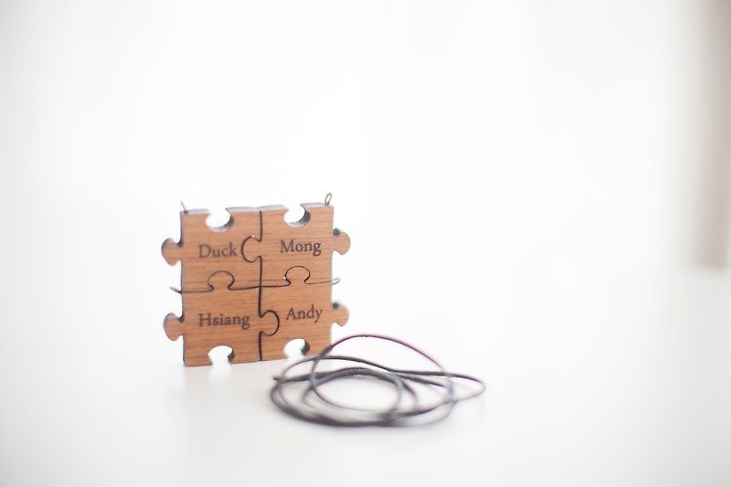 Birthday Gift Customized Name Classic Teak Log Jigsaw Necklace-4 Pieces Set - สร้อยคอ - ไม้ สีนำ้ตาล