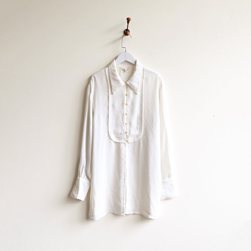 【NaSuBi Vintage】Elegant gauze long vintage shirt - Women's Shirts - Other Man-Made Fibers White