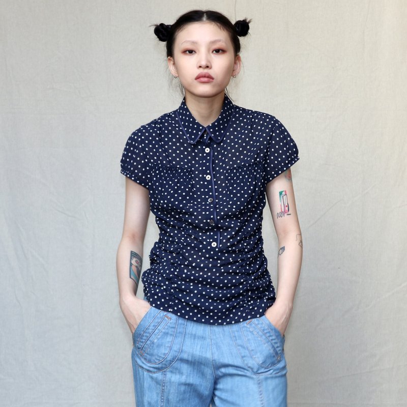 Pumpkin Vintage. DKNY navy blue dotted short-sleeved shirt - เสื้อเชิ้ตผู้หญิง - ไฟเบอร์อื่นๆ สีน้ำเงิน