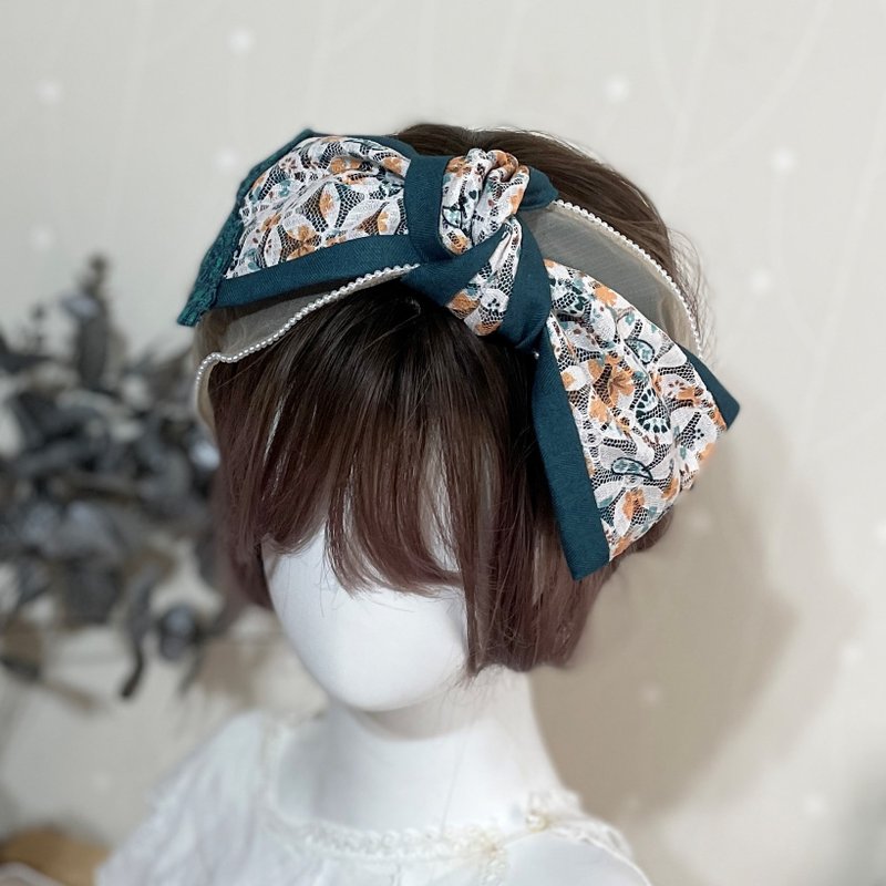 Big bow headband/ embroidered lace pearl gauze splicing wide headband style headband headband hair accessories - ที่คาดผม - วัสดุอื่นๆ 