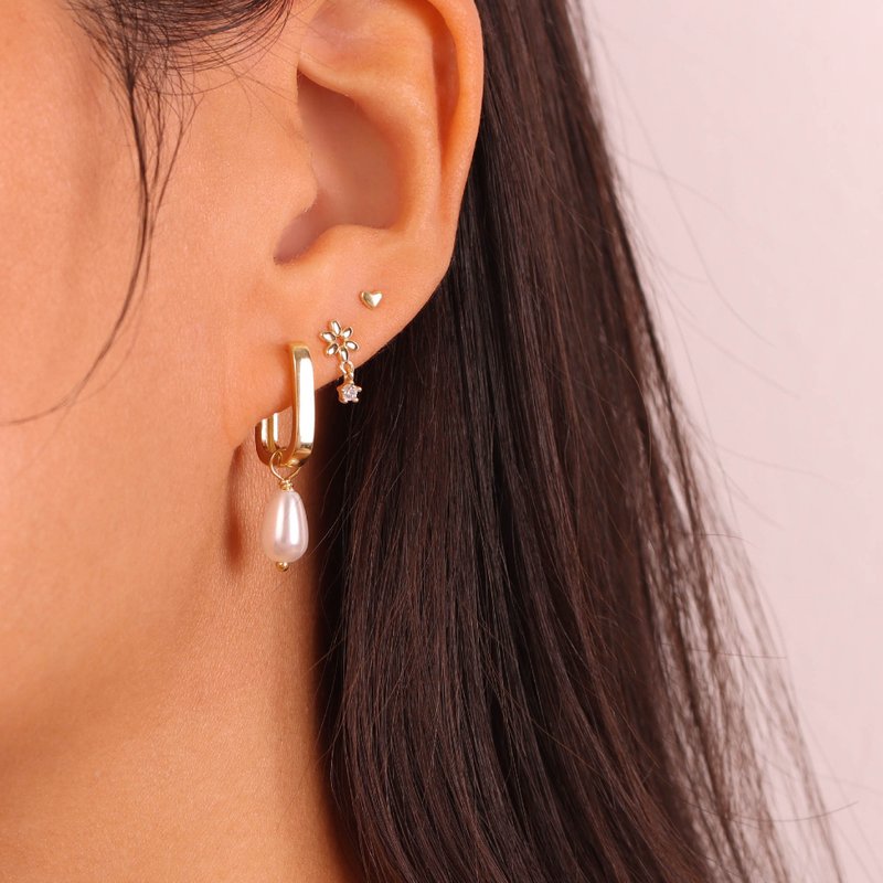 Oval Hoop Earrings Hoops Earrings Dangle Earrings Pearl Earrings Pearl Jewelry - ต่างหู - เงิน สีทอง