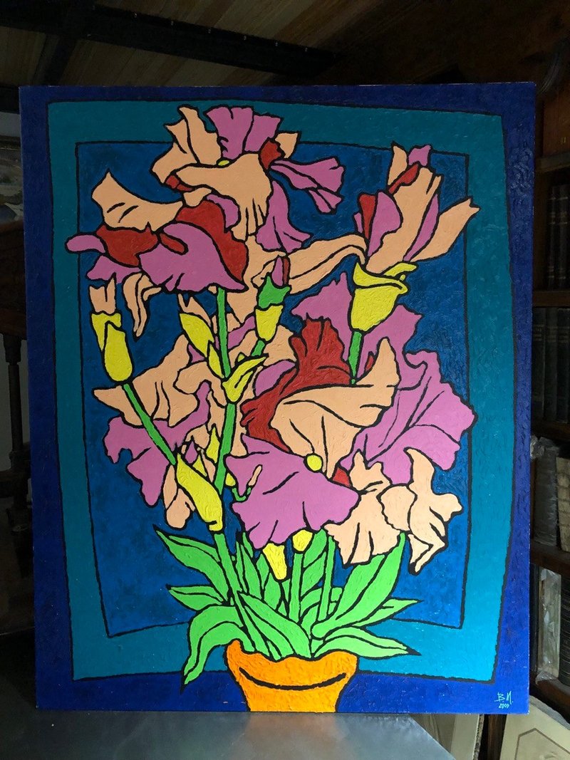 Pink Irises Original Oil Painting by Vadym Mykhalchuk Still Life Wall Art - 壁貼/牆壁裝飾 - 棉．麻 