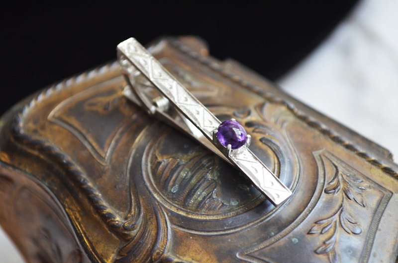 日本中古925純銀領帶夾綴天然紫水晶寶石 高級二手古著珠 - 領帶/領帶夾 - 寶石 銀色