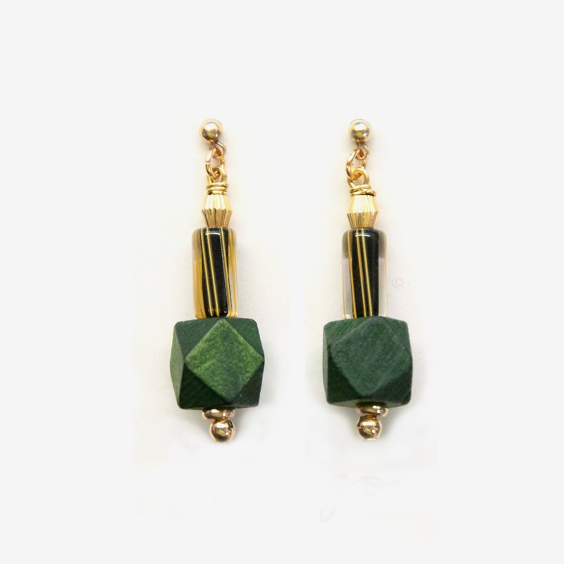 木頭琉璃幾何耳環-黃黑&綠 耳針/耳夾 - 耳環/耳夾 - 木頭 綠色