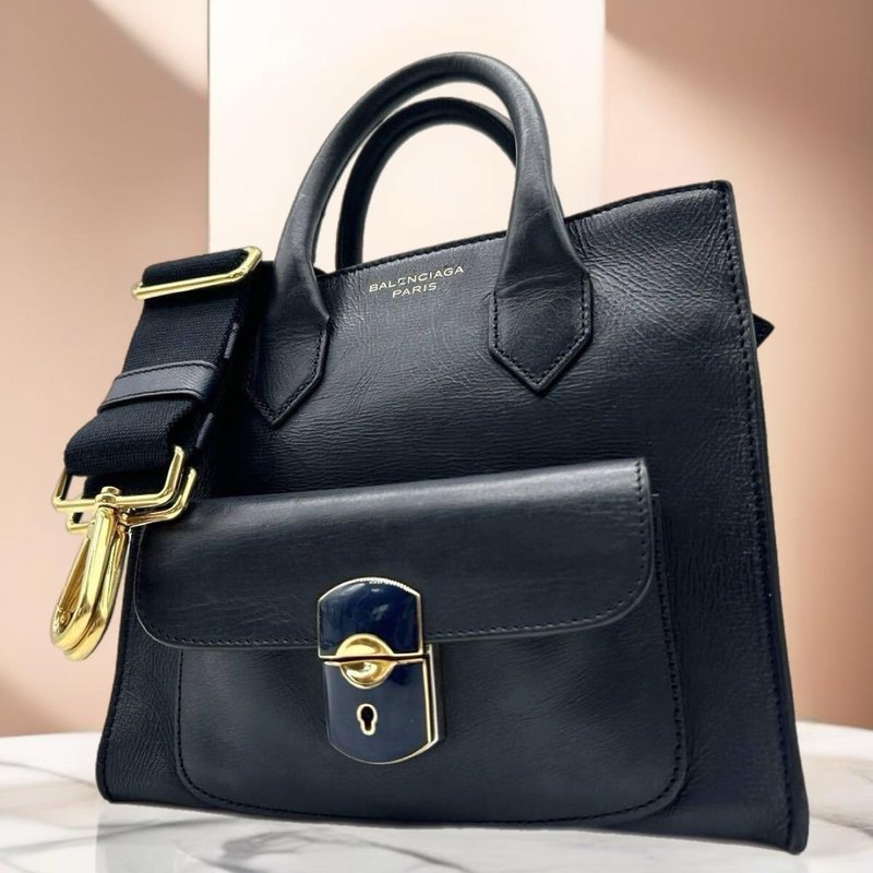 絕版古董包 Balenciaga黑色托特包 斜背包 單肩包 側背包 中古包 - 側背包/斜背包 - 真皮 黑色