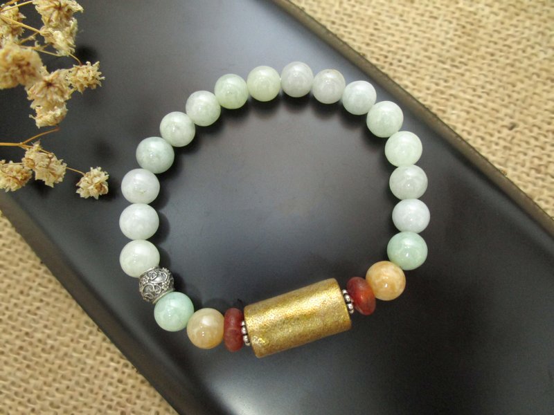 Bracelet bead string design-gold coral + red agate + 925 Silver+ honey yellow Burmese jade + Burmese jade - สร้อยข้อมือ - หยก สีทอง
