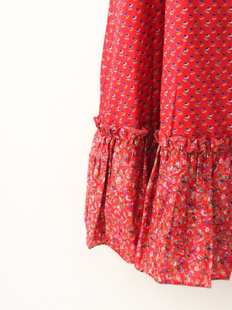 復古歐洲田園風紅色小花朵棉質碎花古著長裙 European Vintage Skirt - 裙子/長裙 - 棉．麻 紅色