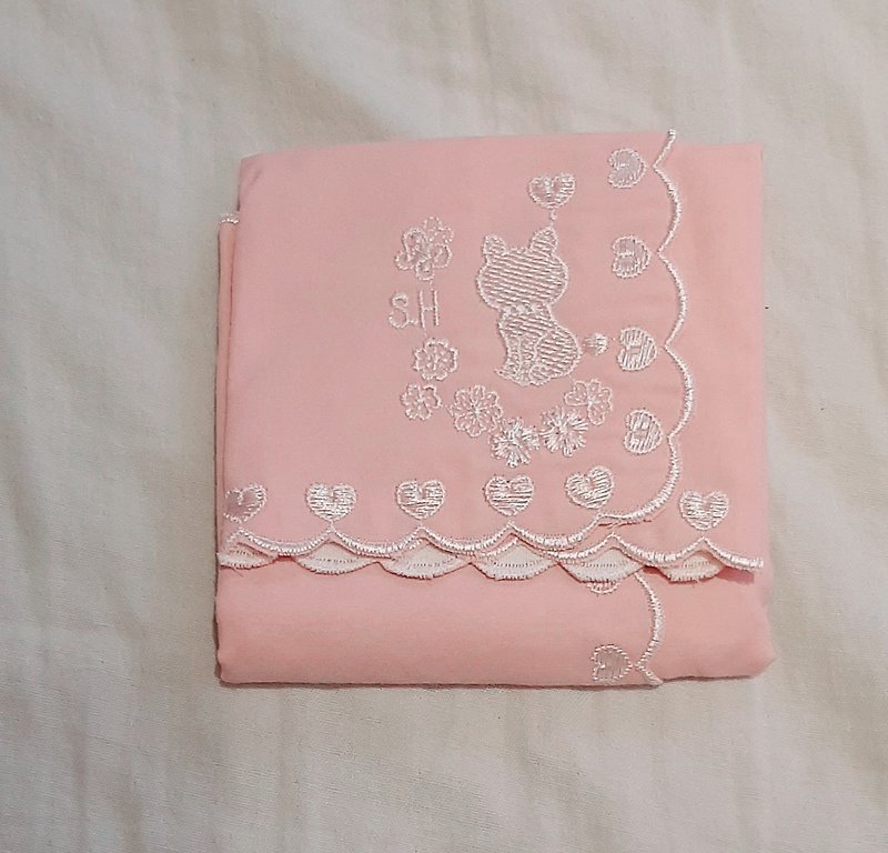 刺繡貓咪手帕-粉/白粉 - 手帕 - 聚酯纖維 