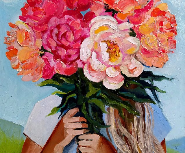 牡丹絵画少女オリジナルアート顔のない肖像画花のアートワークの