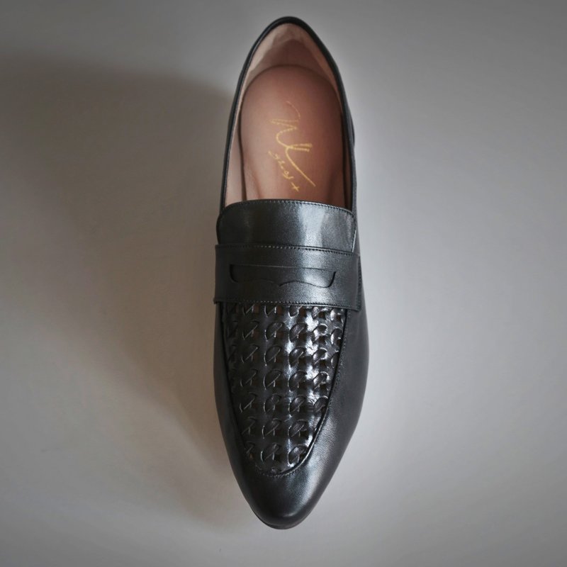 Plaît Black Penny Loafer basket weave | WL - รองเท้าอ็อกฟอร์ดผู้หญิง - หนังแท้ สีดำ
