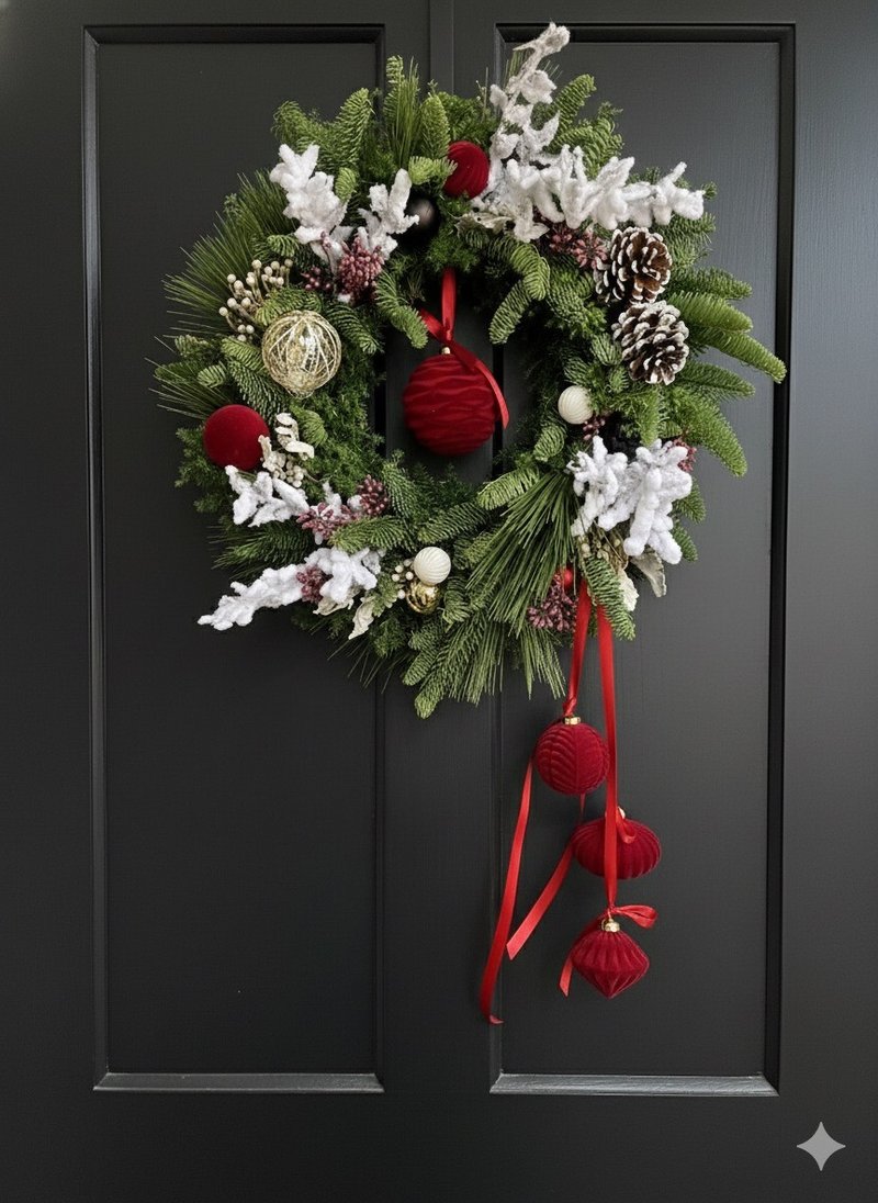 經典紅白色系植絨聖誕球花圈40公分現貨 - 乾燥花/永生花 - 植物．花 紅色