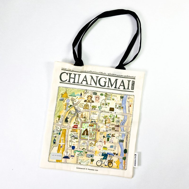 กระเป๋าTote Bag : Chiang mai downtown - กระเป๋าแมสเซนเจอร์ - เส้นใยสังเคราะห์ ขาว