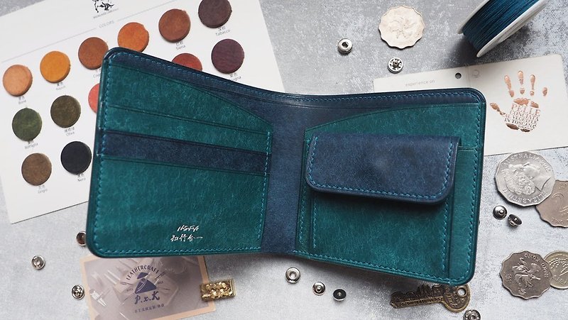 純粋な手作りの牛革多機能財布ショートウォレット、色とスタイルは彫刻ギフトでカスタマイズできます - 財布 - 革 ブルー