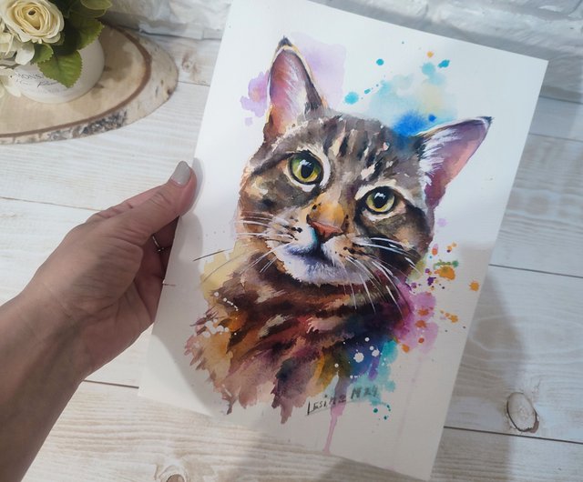猫の肖像画水彩画 ペットの肖像画 カラフルな動物アート