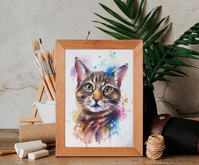 猫の肖像画水彩画 ペットの肖像画 カラフルな動物アート - ショップ