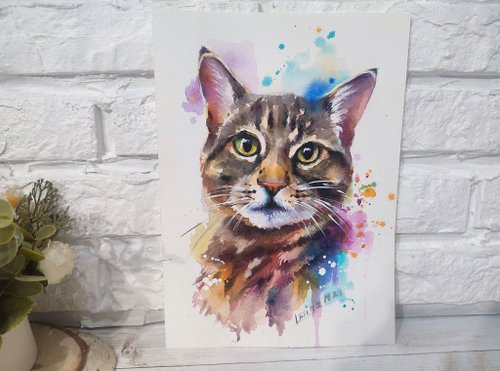 猫の肖像画水彩画 ペットの肖像画 カラフルな動物アート