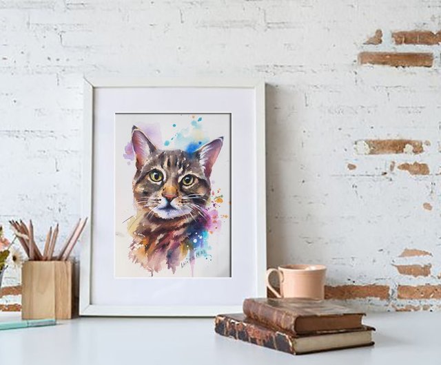 猫の肖像画水彩画 ペットの肖像画 カラフルな動物アート