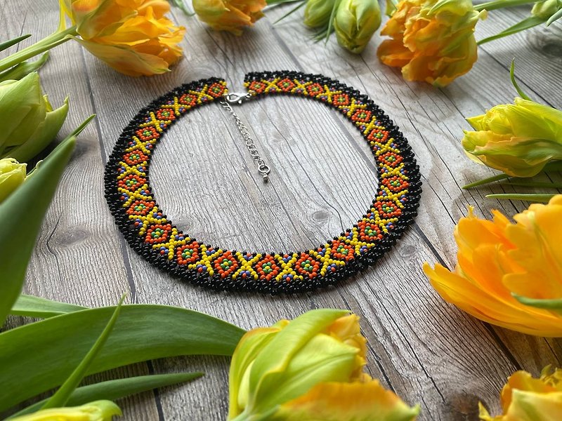 Black and orange necklace in Ukrainian folk style Ethnic jewelry Vyshyvanka - Necklaces - Glass Black