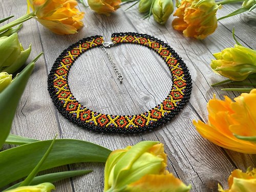 Irina Haluschak Black and orange necklace in Ukrainian folk style Ethnic jewelry Vyshyvanka