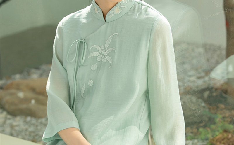 新中式 茶服禪意寬鬆復古盤扣旗袍連衣裙洋裝 - 洋裝/連身裙 - 絲．絹 綠色