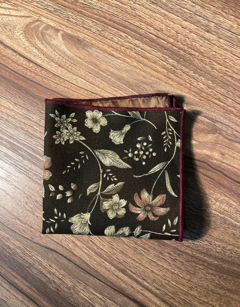 咖復古花 口袋巾 pocket square - 領結/領巾 - 棉．麻 咖啡色