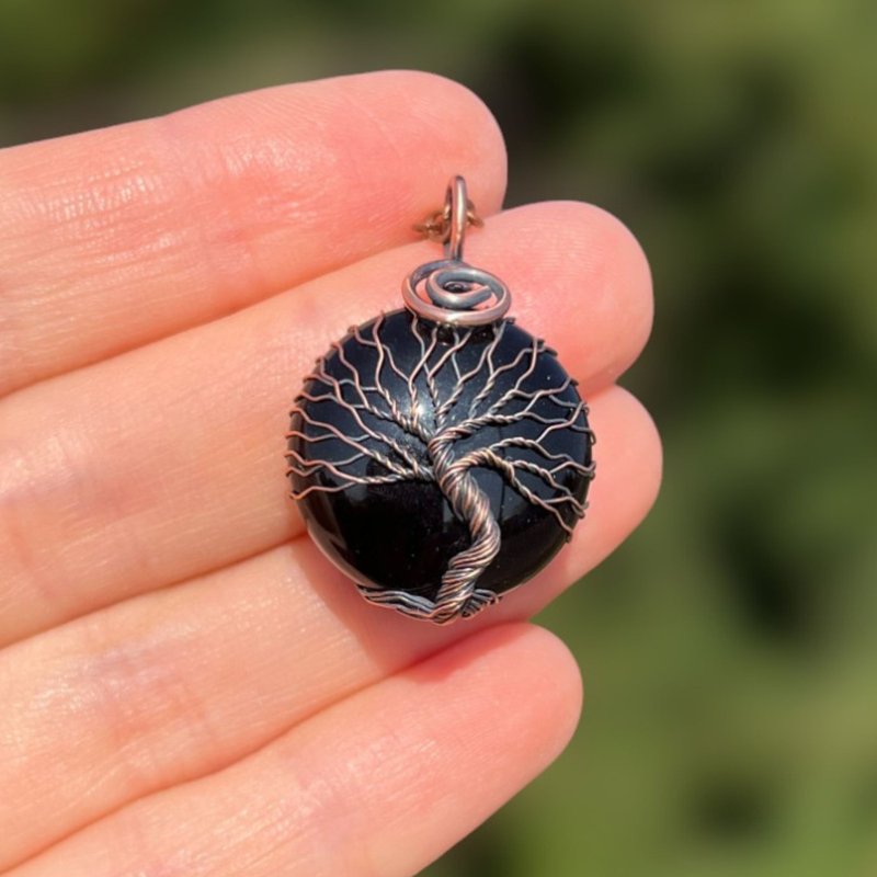 Black Onyx Wire Wrapped Tree Of Life Lucky Pendant, Men Good Fortune Necklace - สร้อยคอ - เครื่องเพชรพลอย สีดำ