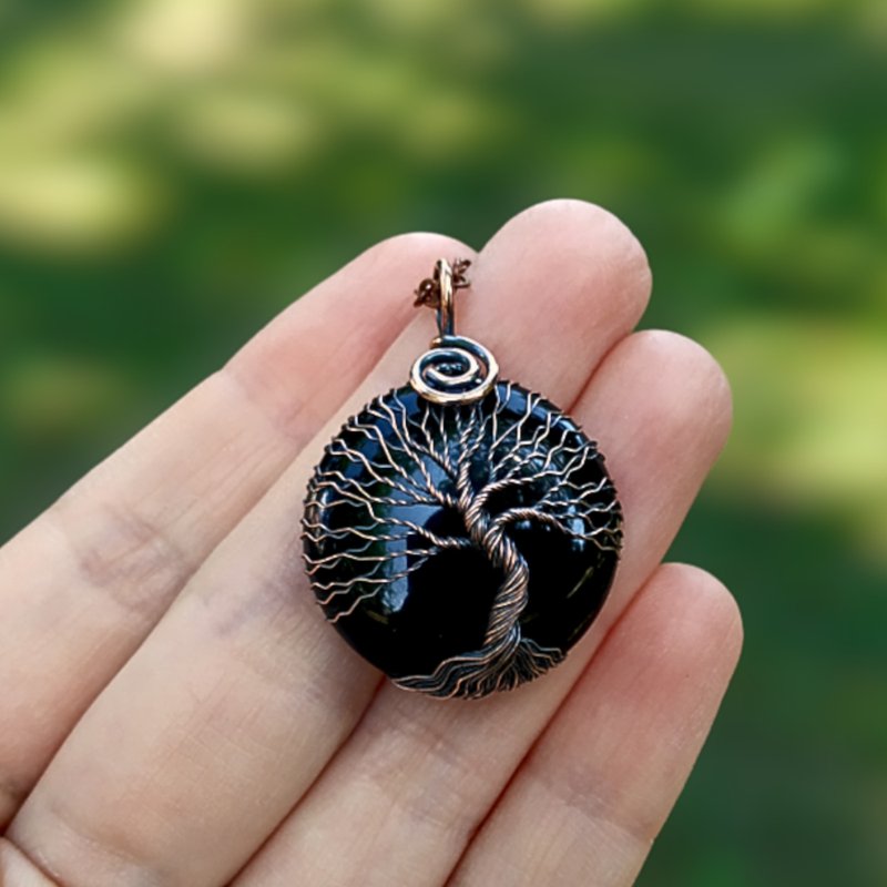 Black Onyx Wire Wrapped Tree Of Life Lucky Pendant, Men Good Fortune Necklace - 項鍊 - 寶石 黑色