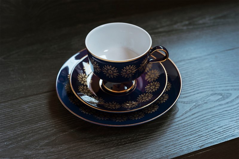 德國Lichte Porzellan鈷藍咖啡杯盤+蛋糕點心盤組B款ー古董老件 - 咖啡杯 - 瓷 藍色
