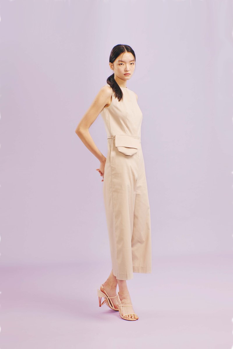 卡其腰包連身褲 - 吊帶褲/連身褲 - 棉．麻 卡其色