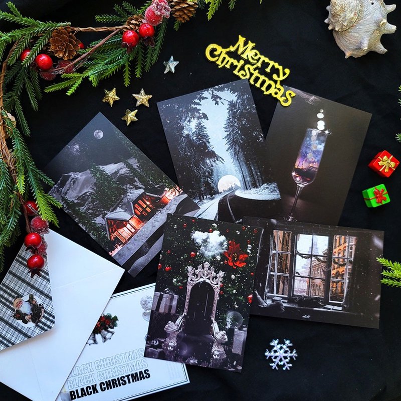 Black Christmas Postcard set - 卡片/明信片 - 紙 黑色