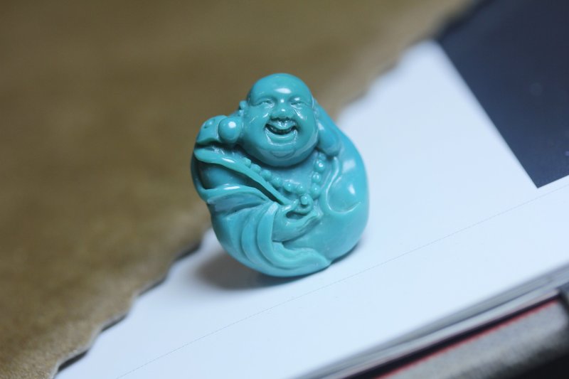 【笑口常開】彌勒佛 大度 笑佛 項鏈 吊墜掛件 天然綠松石 - 項鍊 - 玉石 藍色