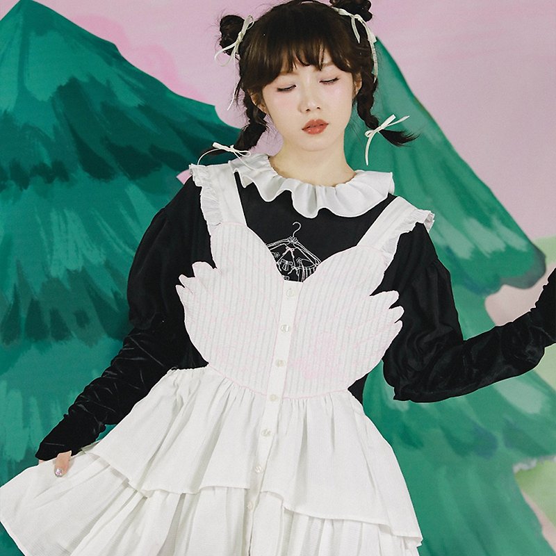 牛稠島 森林的秘密 Lolita天鵝刺繡異形抽繩圍裙 疊穿甜美背帶裙 - 裙子/長裙 - 聚酯纖維 白色