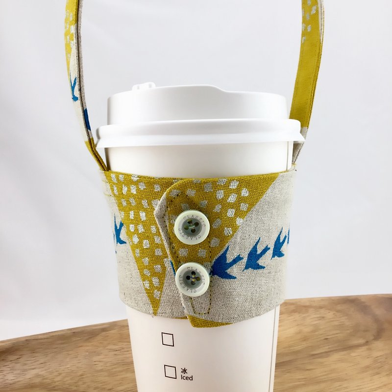 Migratory birds mustard yellow - drink cup sets + bag - button models - ถุงใส่กระติกนำ้ - ผ้าฝ้าย/ผ้าลินิน 