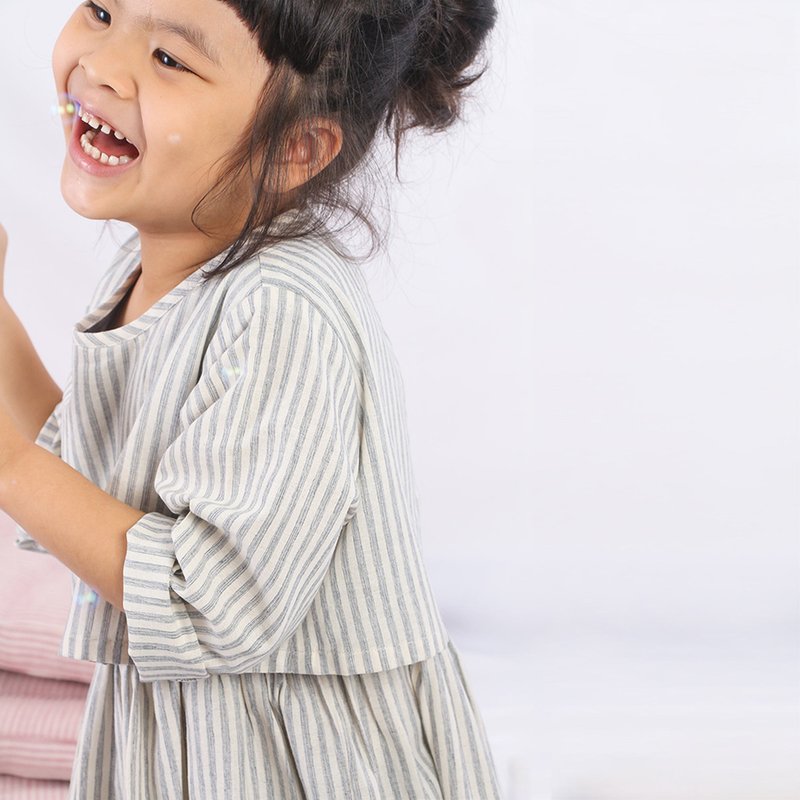 棉．麻 男/女童禮服 灰色 - Kids Dress, Cotton Dress, Stripe Dress, Grey, Mika