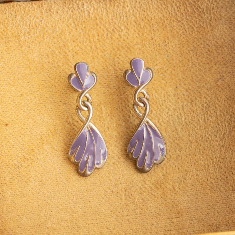 American-made antique 1980s lavender enamel pendant earrings - ต่างหู - โลหะ สีม่วง