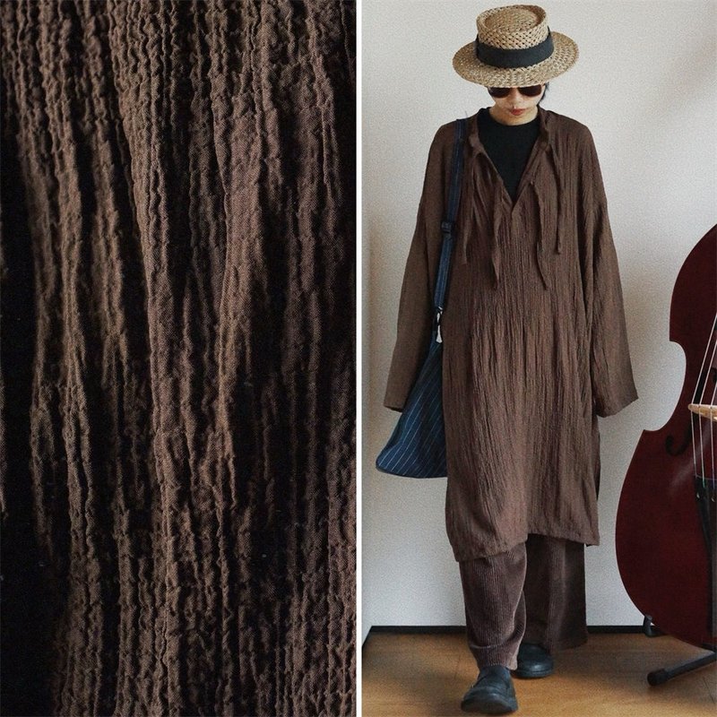 Brown Textured Cotton Linen Dress | Effortlessly Comfortable Stretch | Relaxed Spring/Summer Maxi Dress - ชุดเดรส - ผ้าฝ้าย/ผ้าลินิน สีนำ้ตาล