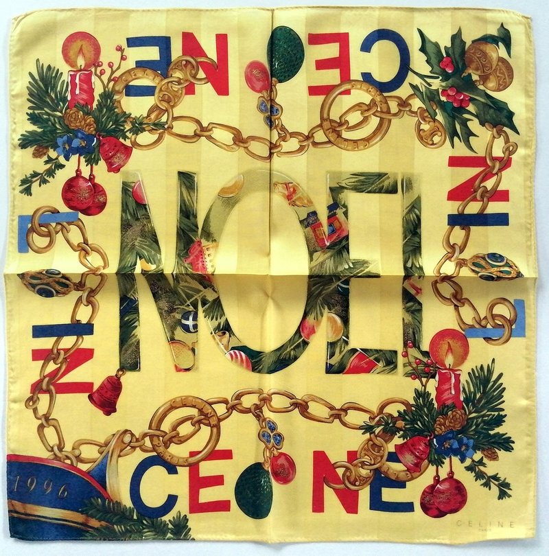 Celine Paris Vintage Handkerchief Christmas Noel 19 x 19 inches - 手帕 - 棉．麻 黃色