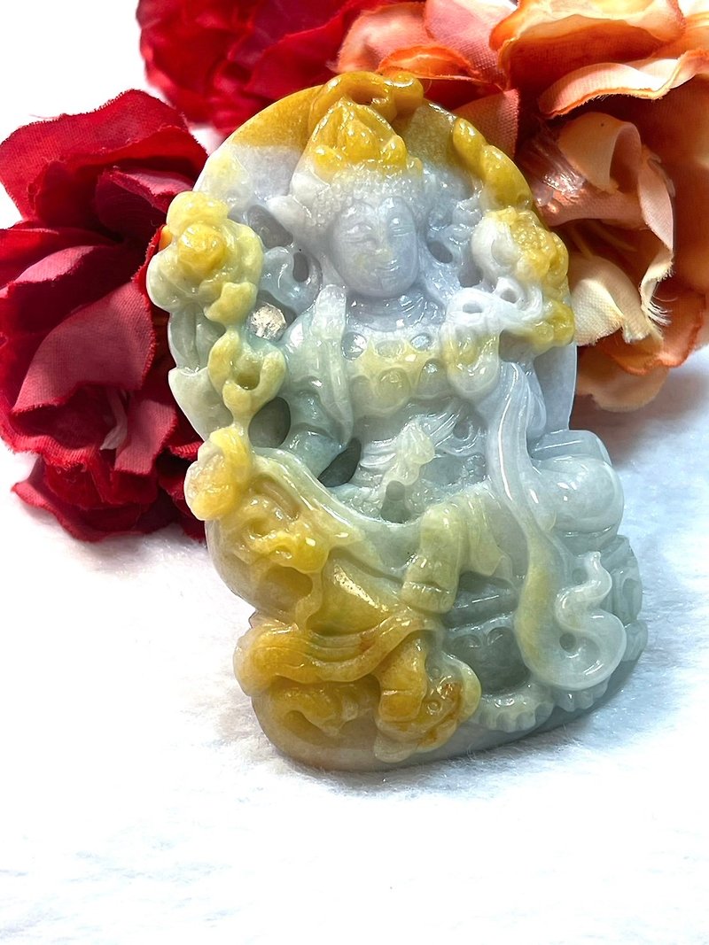 Natural Jadeite A-grade Tara Guanyin/Tara Pendant/Yellow Jade Tara/Exquisitely Carved Tara/Exquisitely Carved Guanyin/ - Necklaces - Jade Yellow