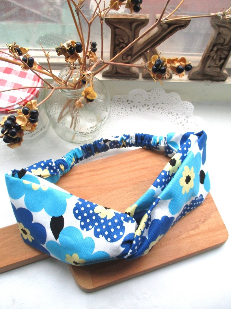 Cross-hair bands (elastic handmade) - Japanese flower - Blue - เครื่องประดับผม - ผ้าฝ้าย/ผ้าลินิน หลากหลายสี