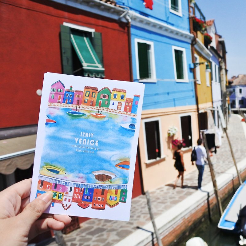 Rami Europe Travel Watercolor Hand-painted Postcard-Painted House in Venice, Italy - การ์ด/โปสการ์ด - กระดาษ สีน้ำเงิน