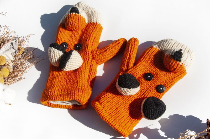 手織純羊毛針織手套 保暖拳擊手套 內刷毛針織手套 觸控手套-狗兒 - 手套 - 羊毛 橘色