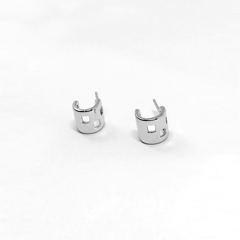 Semicircle and square hole│925 sterling silver handmade earrings - Earrings & Clip-ons - Sterling Silver Silver