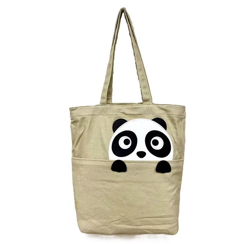 Panda childlike animal canvas tote bag - Cool Village - Messenger Bags & Sling Bags - Cotton & Hemp Khaki