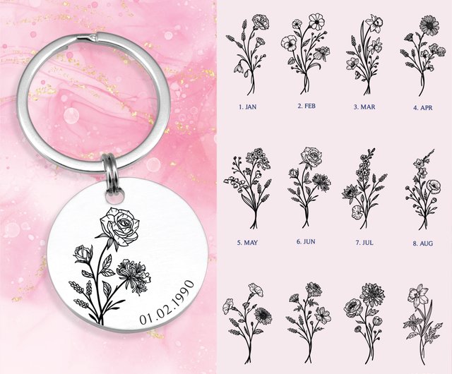 Custom Birth Month Flower Keychain, Personalized Engraved Birth Flower  Keyring - Shop bsilver925 Keychains - Pinkoi