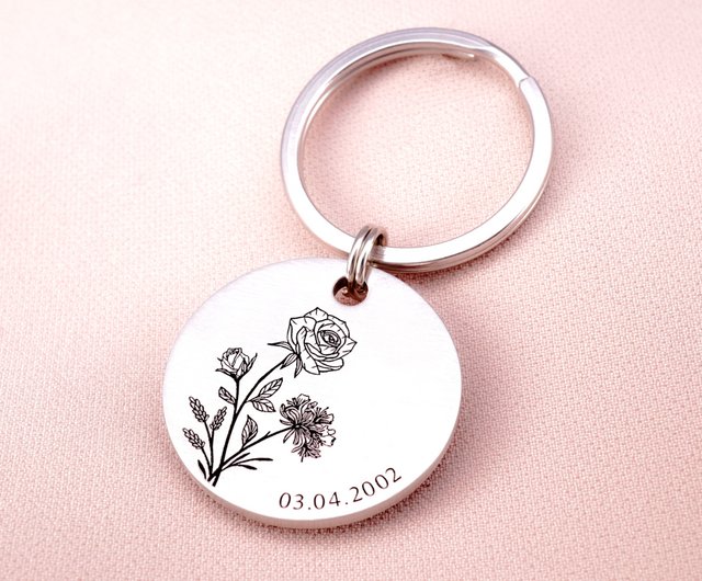 Custom Name and Birth Flower Key Chain, Engraved Birth Date, Flower Key Ring