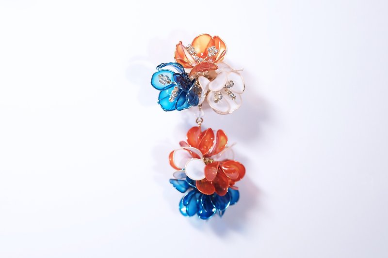 Hanakin Flower Gold Flamenco Orange Blue Handmade Jewelry Earrings Single - ต่างหู - เรซิน สีส้ม