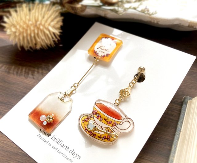 Teabag earring yellow ティーバッグイヤリング・ピアス 紅茶シリーズ - ショップ Little brilliant days 紅茶とフルーツの雑貨店  ピアス・イヤリング - Pinkoi