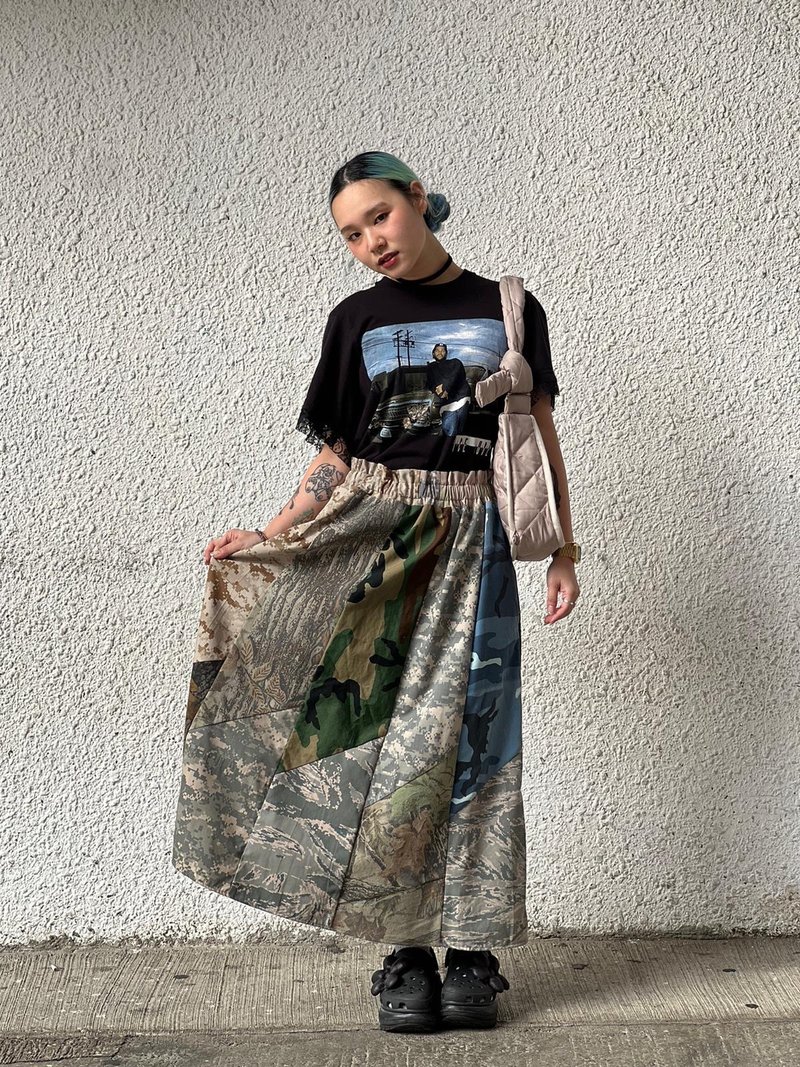 camouflage patchwork long skirt - กระโปรง - ผ้าฝ้าย/ผ้าลินิน 